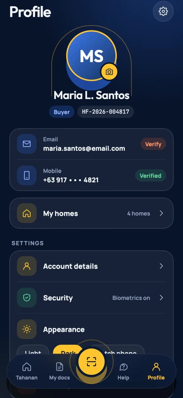The same Profile screen in the dark theme