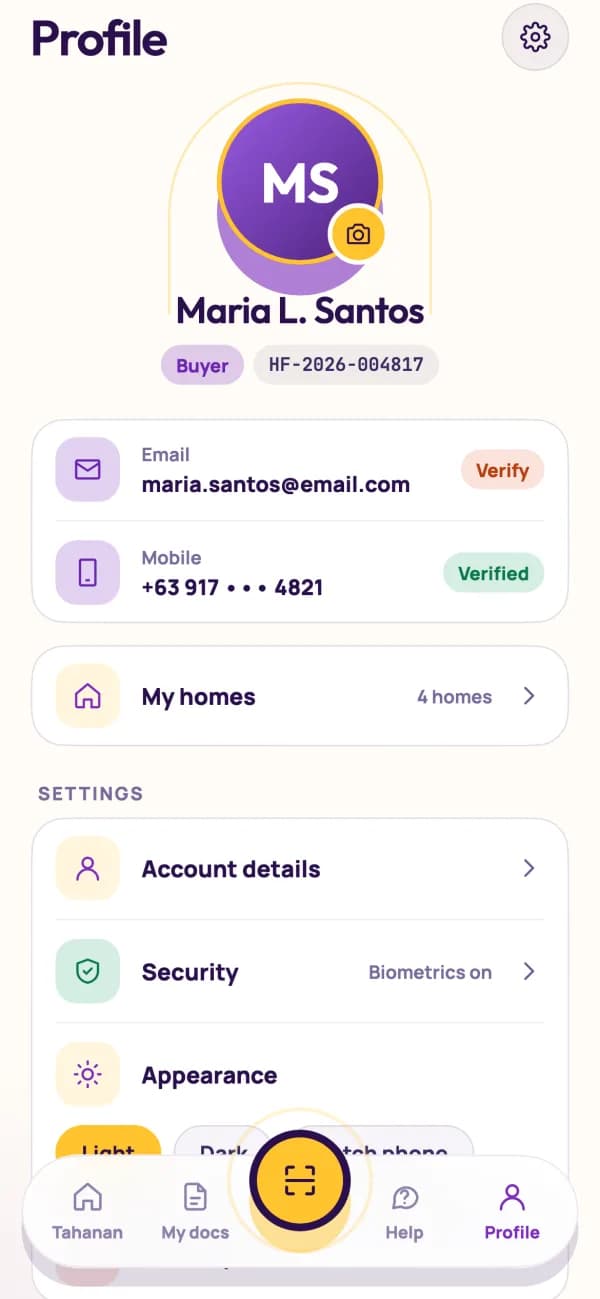 Tahanan Profile screen in the light theme